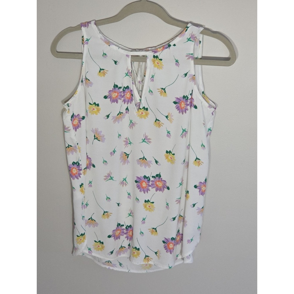 Women's White Floral Chiffon Sleeveless Blouse Keyhole Dressy Casual Loft Small